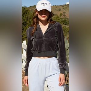 Brandy Melville  John Galt Black Velour Full Zip Hoodie one size